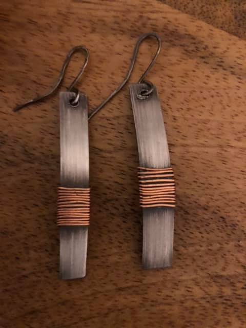 Copper wire wrapped sterling silver bar earrings