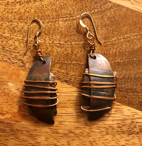 Silver and copper wire-wrapped antique finish earrings